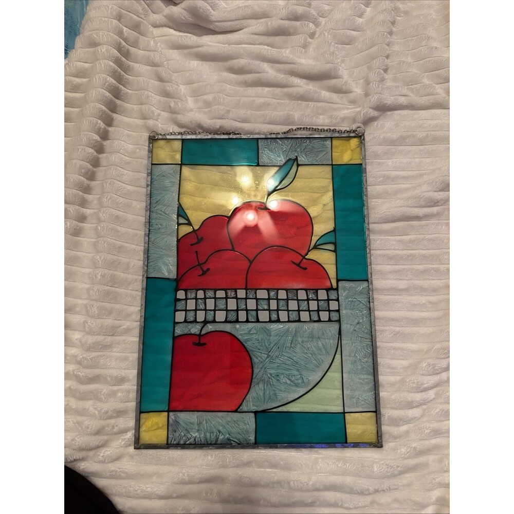 Stained Glass Basket Red Apples Window Pane Hanger 4x10 *Flaw Color Checkered